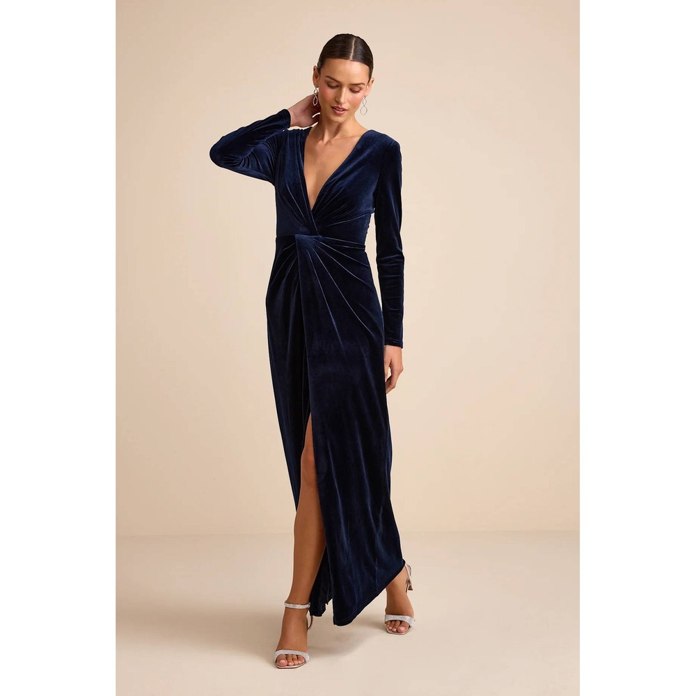 Lulus Angelina Navy Velvet Twist-Front Maxi Dress Size Small‎